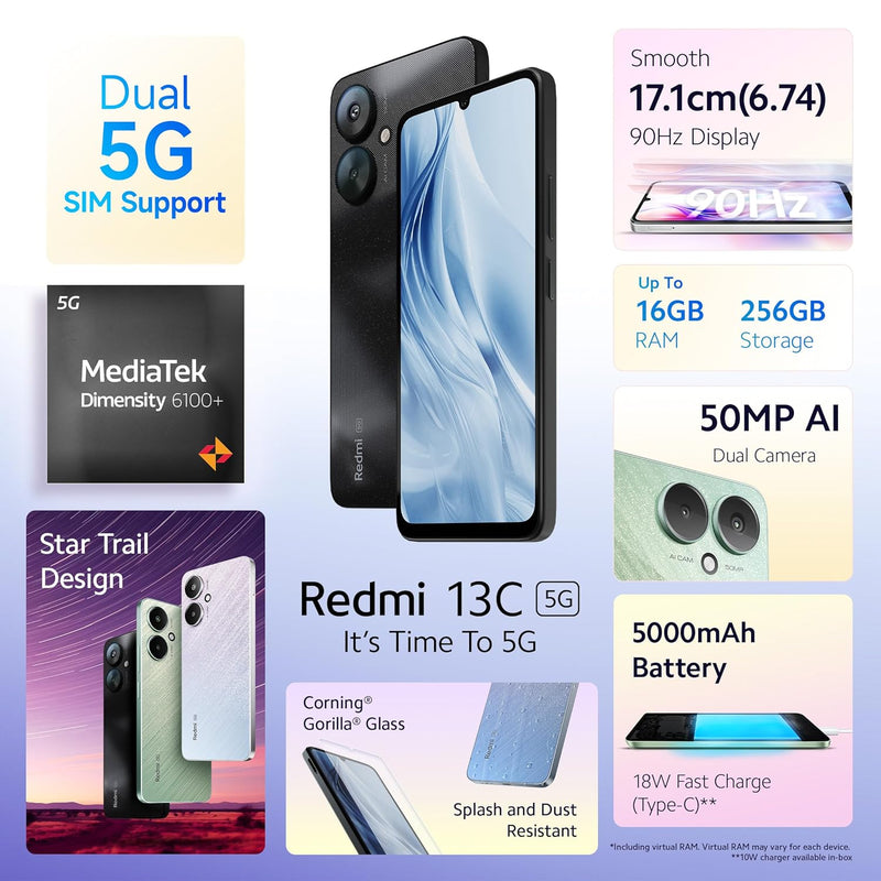 REDMI 13C 5G, 4/128, Startrail Green, 90Hz Display